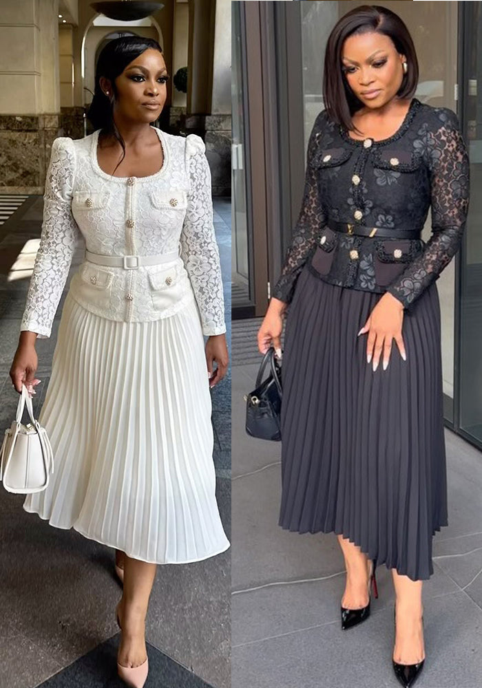 Women French Beaded Metal Button Square Collar Lace Patchwork Pleated Dress