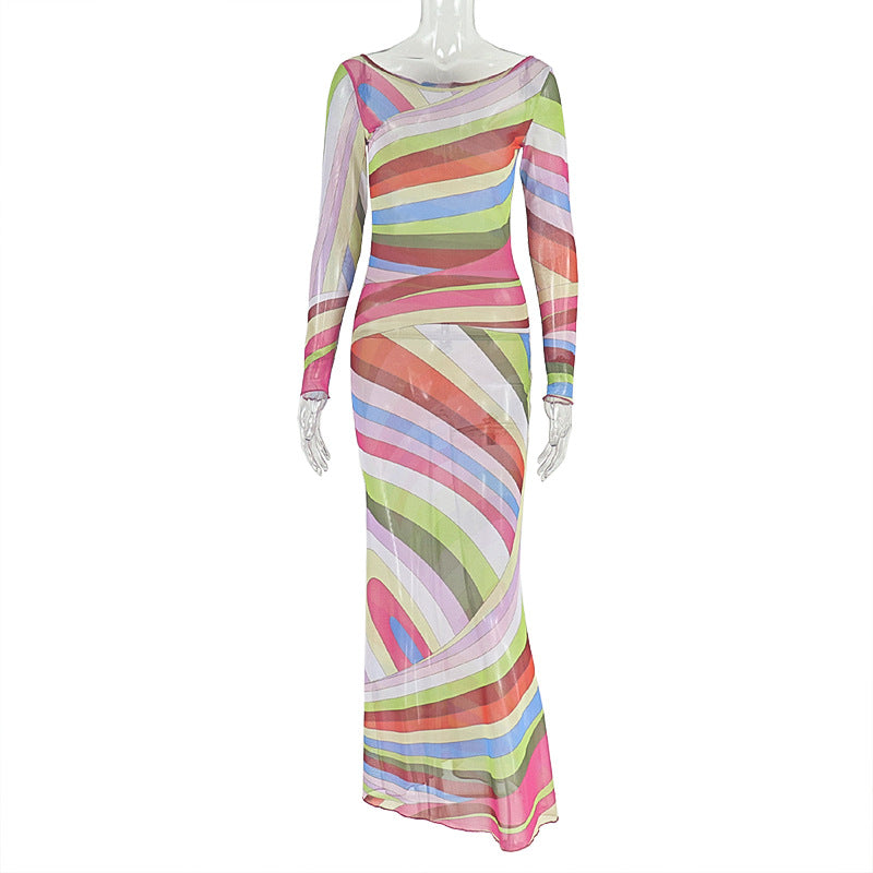 Chic Women's Color-Block Off Shoulder Elegant Long Dress 5