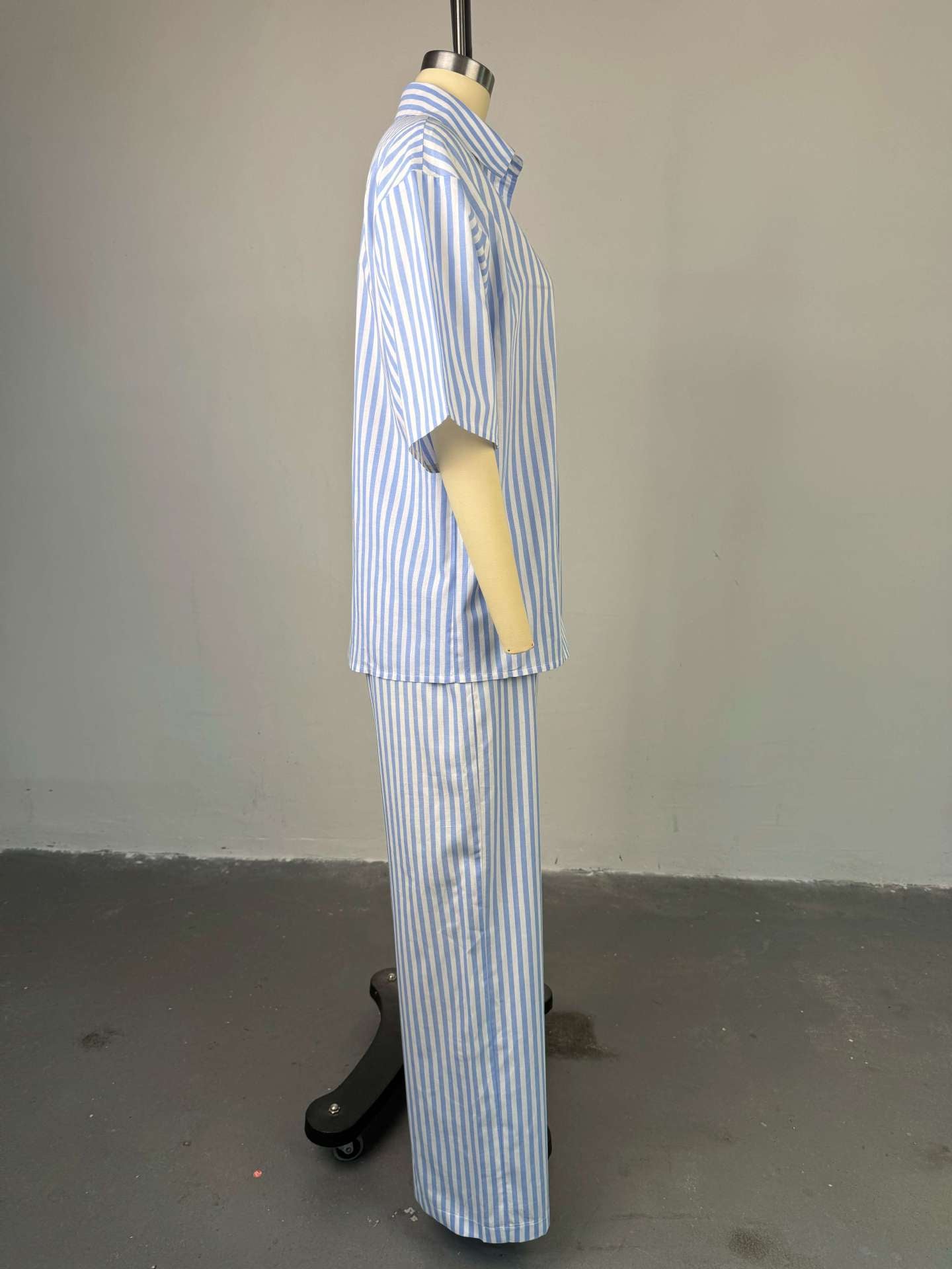 Women Summer Casual Turndown Collar Three-quarter Sleeve Striped Shirt and PantsTwo Piece Set 7