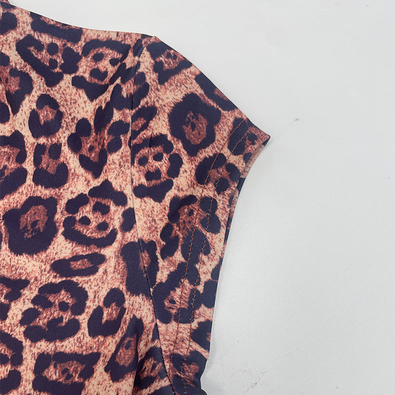 Women's Spring Leopard Print Round Neck Pleated Slim Sexy Low-Back Dress 13