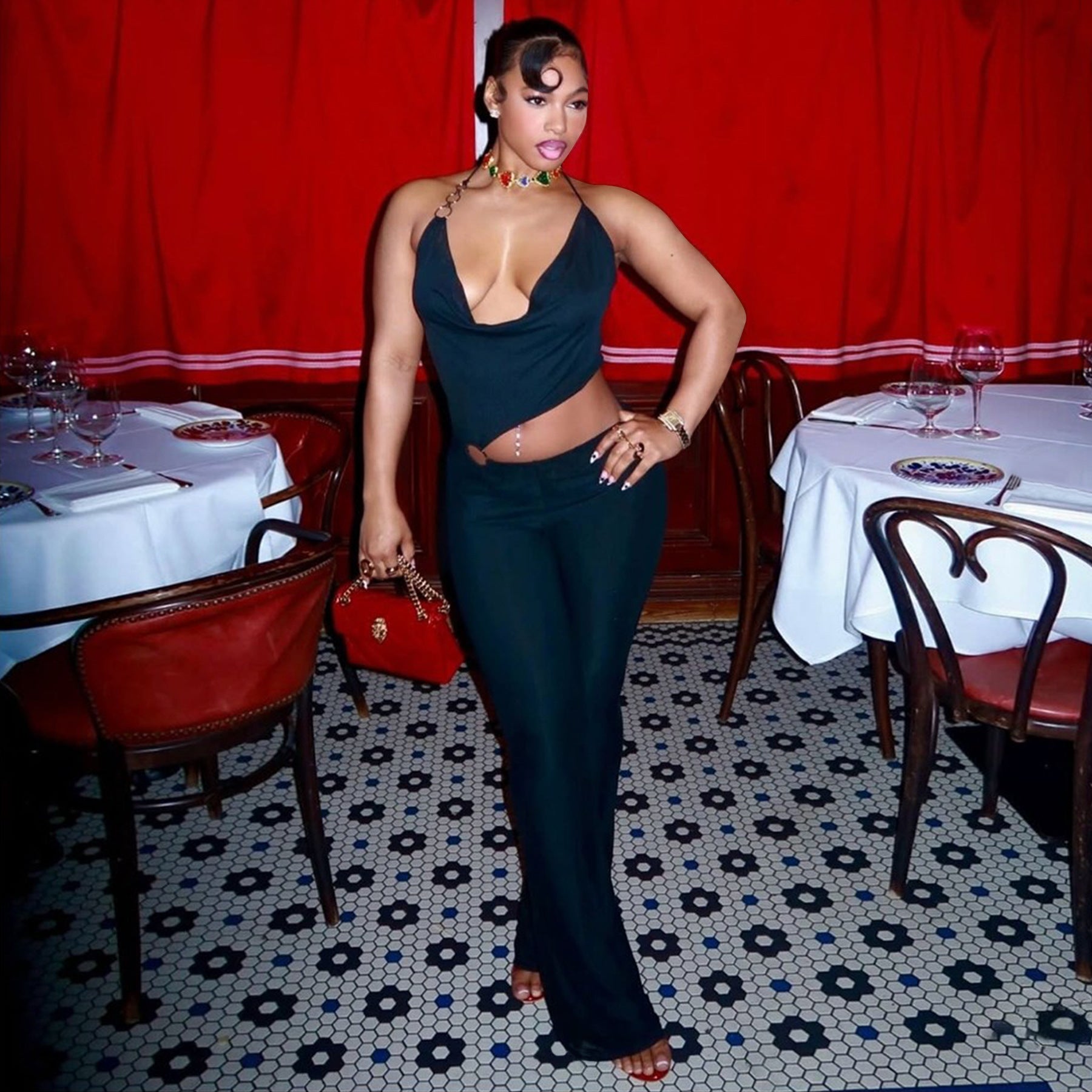 Women’s Circle-Embellished Halter Neck Open-Waist Jumpsuit 5