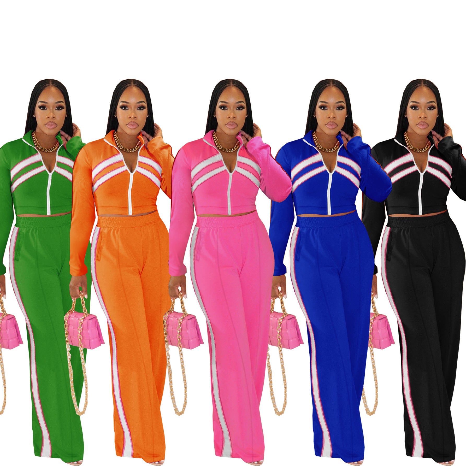 Women Style Street Zipper Contrast Patchwork Top and Pant Set 15