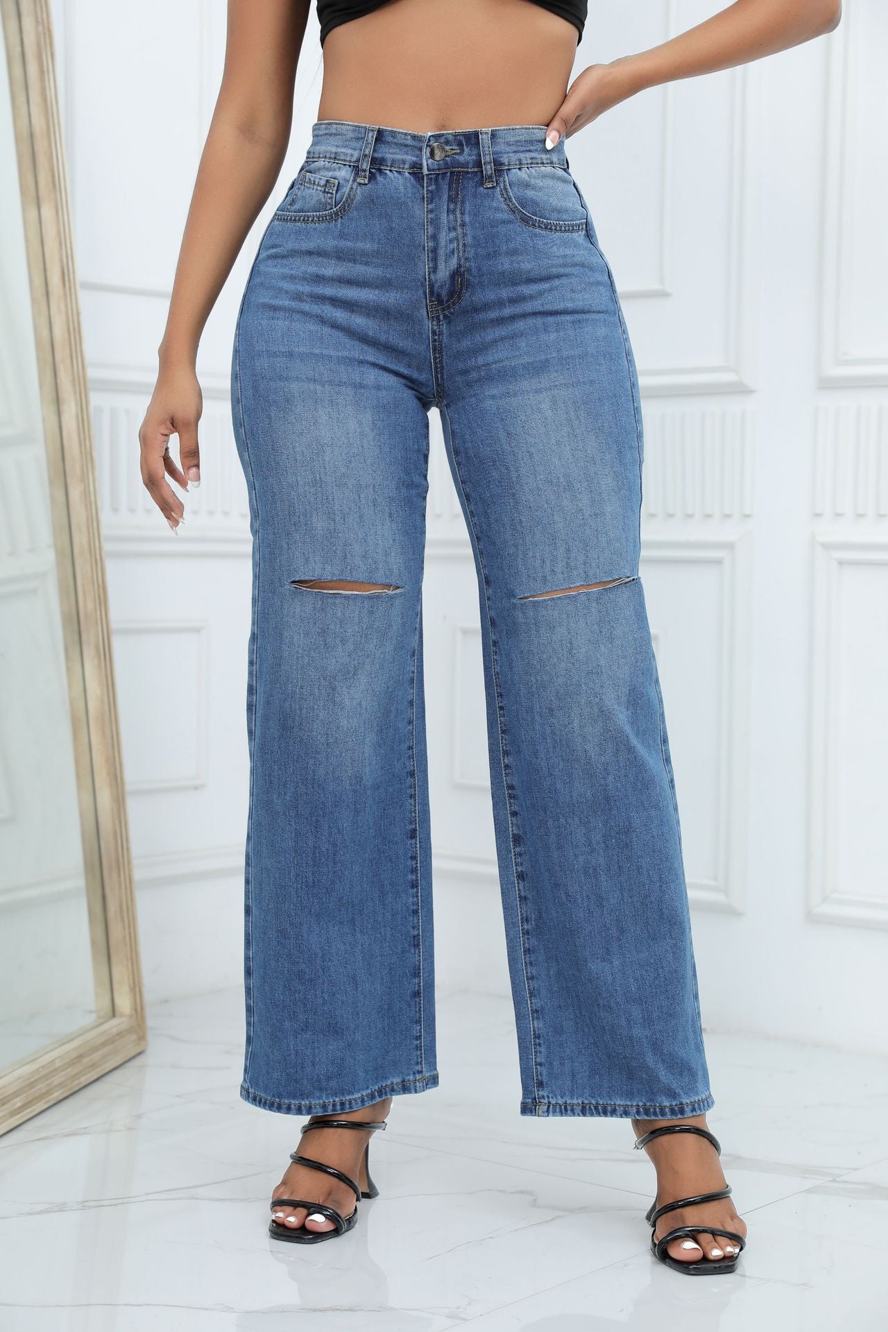 Jeans Blue Wide Leg Straight Denim Trousers 3