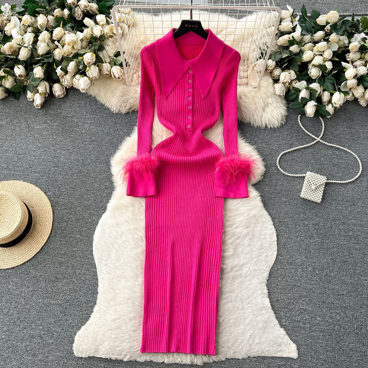 Luxury Knitting Dress Autumn And Winter Turndown Collar Feather Tight Fitting Dress