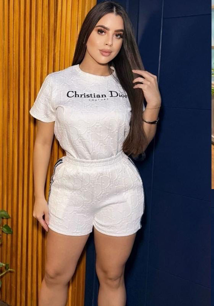 Women Embroidered short-sleeved top and shorts jacquard two-piece set