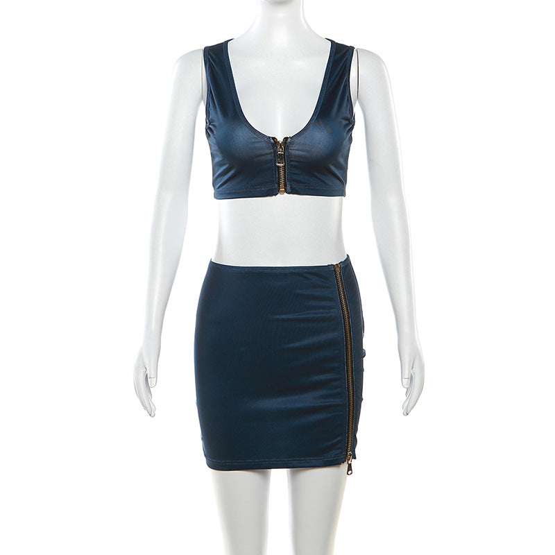 Autumn and winter women's fashion trendy sexy low-cut vest solid color Bodycon zipper skirt two piece set 5