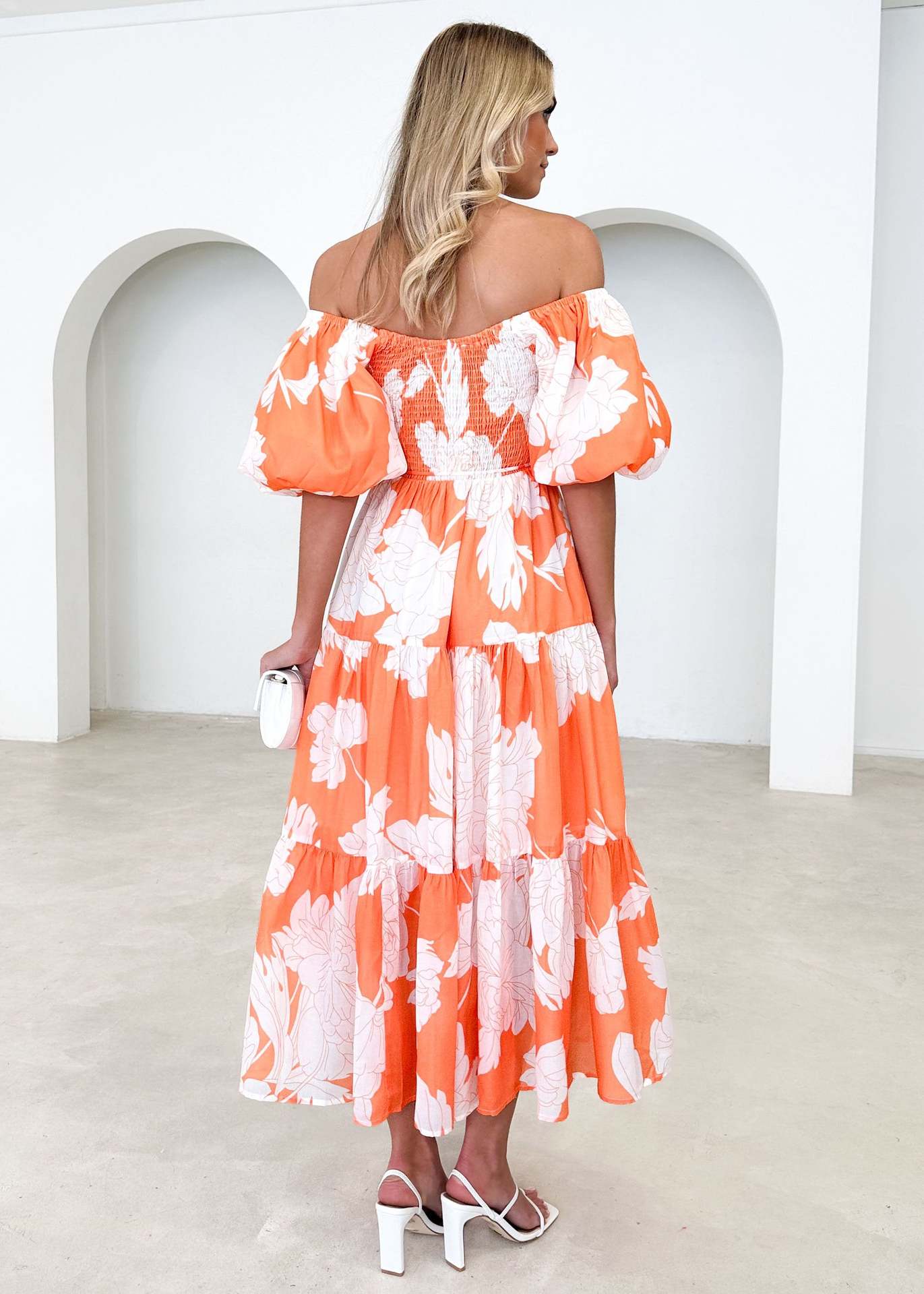 Women Elegant Print Off Shoulder Puff Sleeve Dress 19