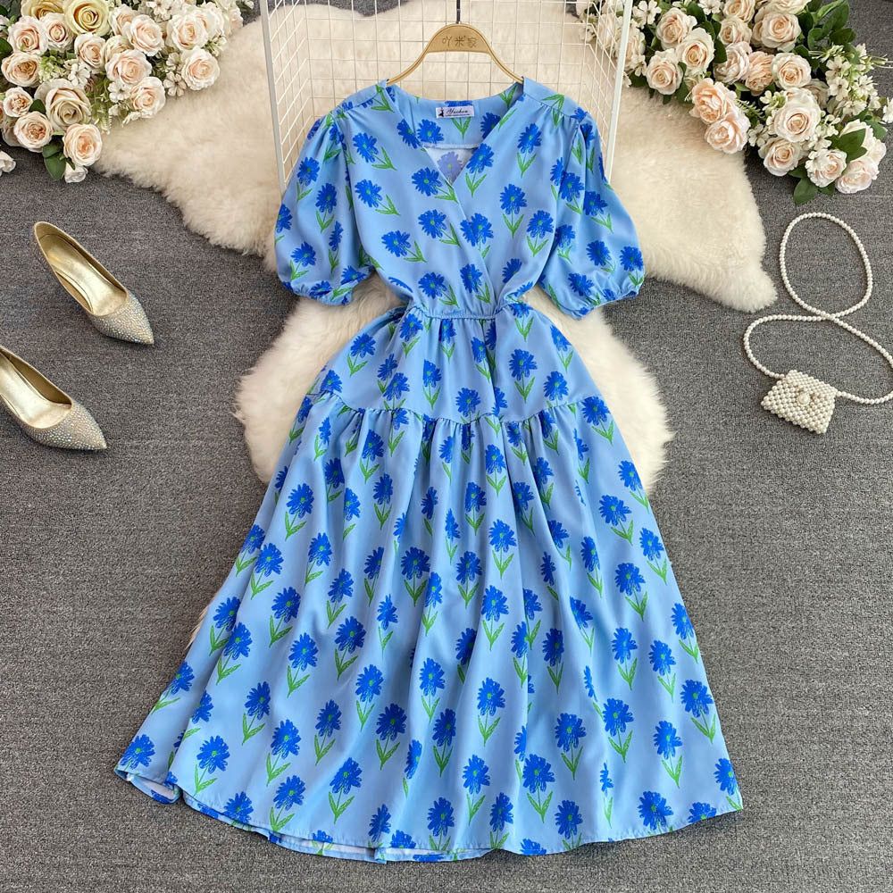 Women Summer V-Neck Puff Sleeve Floral Dress 5