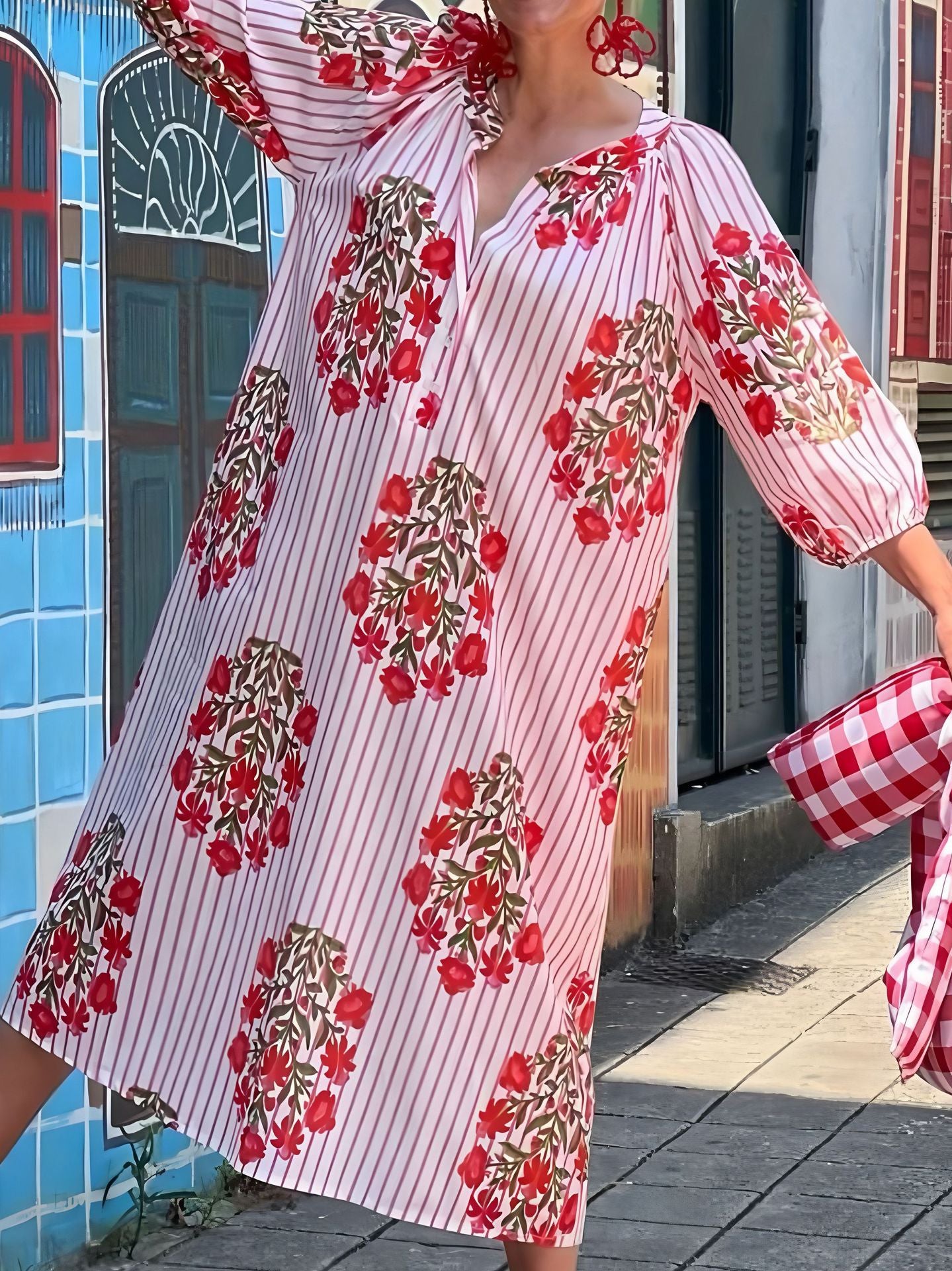 Women Casual Holiday V-Neck Three-Quarter Sleeve Dress 3