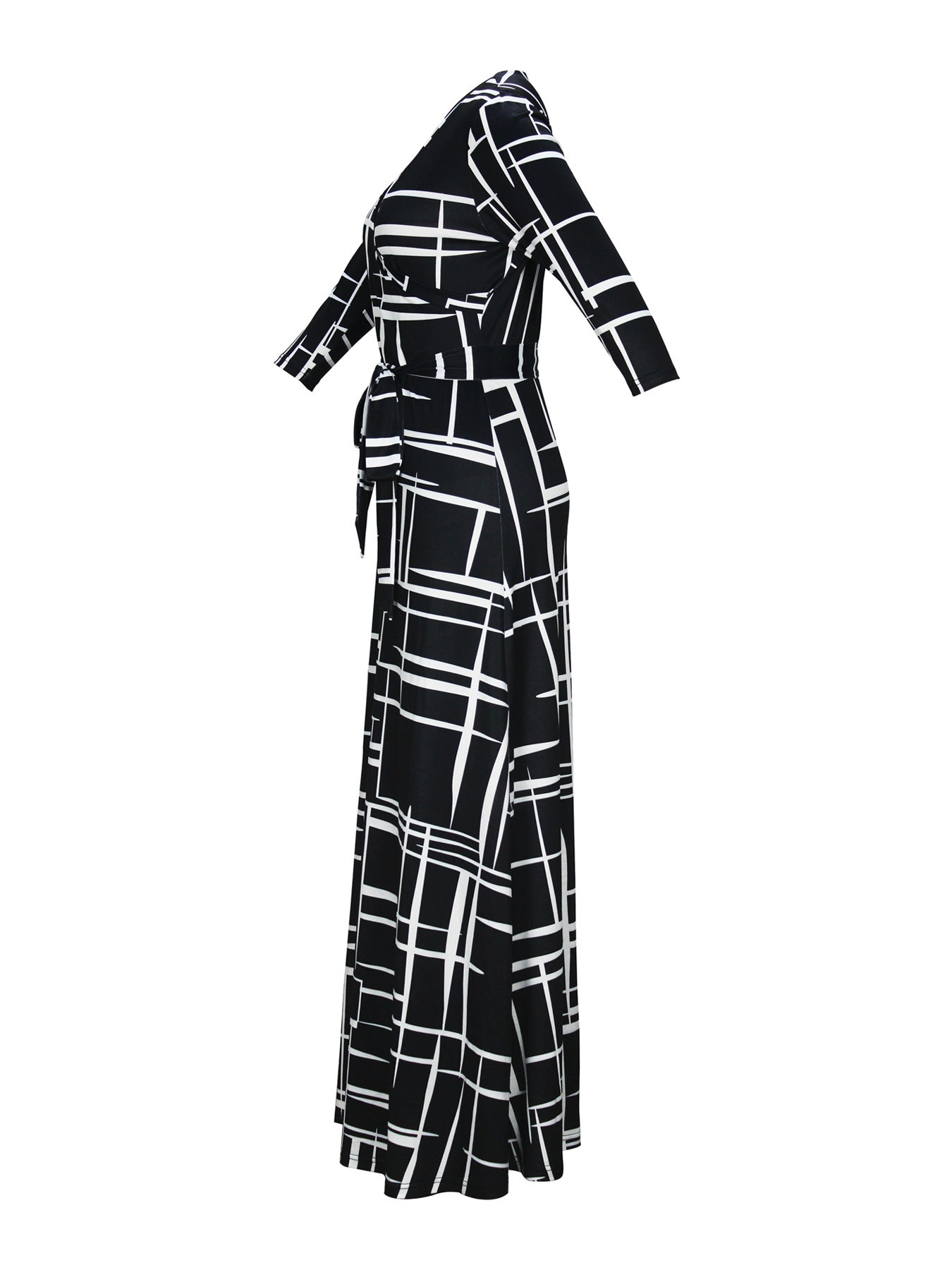 Spring & Autumn Women's Fashion Elegant Wrap V-Neck Half-Sleeve Print Belt Maxi Dress 112