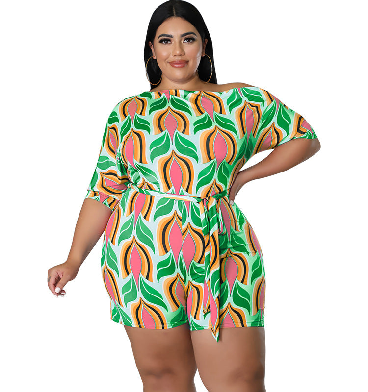 Plus Size Women's Summer Slash Shoulder Print Short Sleeve Jumpsuit With Belt 3