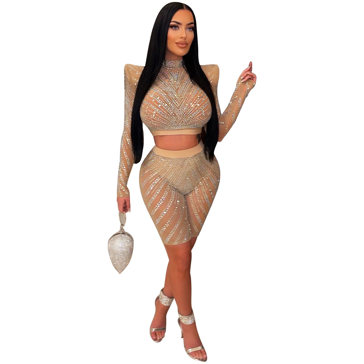 Summer Women's Sexy Tight Fitting Mesh See-Through Long Sleeve Beaded Two-Piece Suit 11