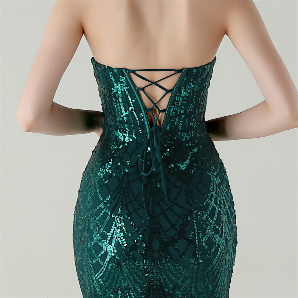 Women Strapless cross Lace-Up sequined tube flower sequined mesh evening dress Formal Party evening dress 47