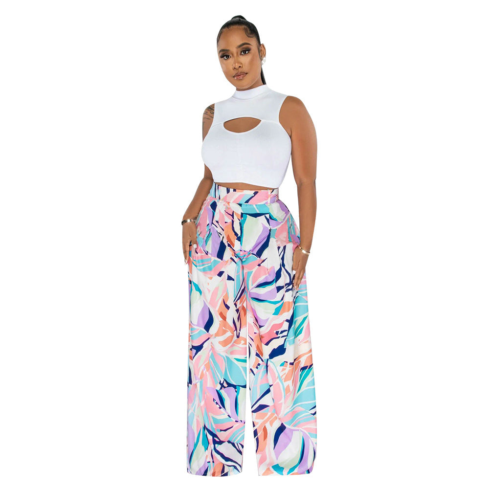Women's Fashion Sleeveless Round Neck Cropped Top Printed Wide Leg Pants Two-Piece Set 9