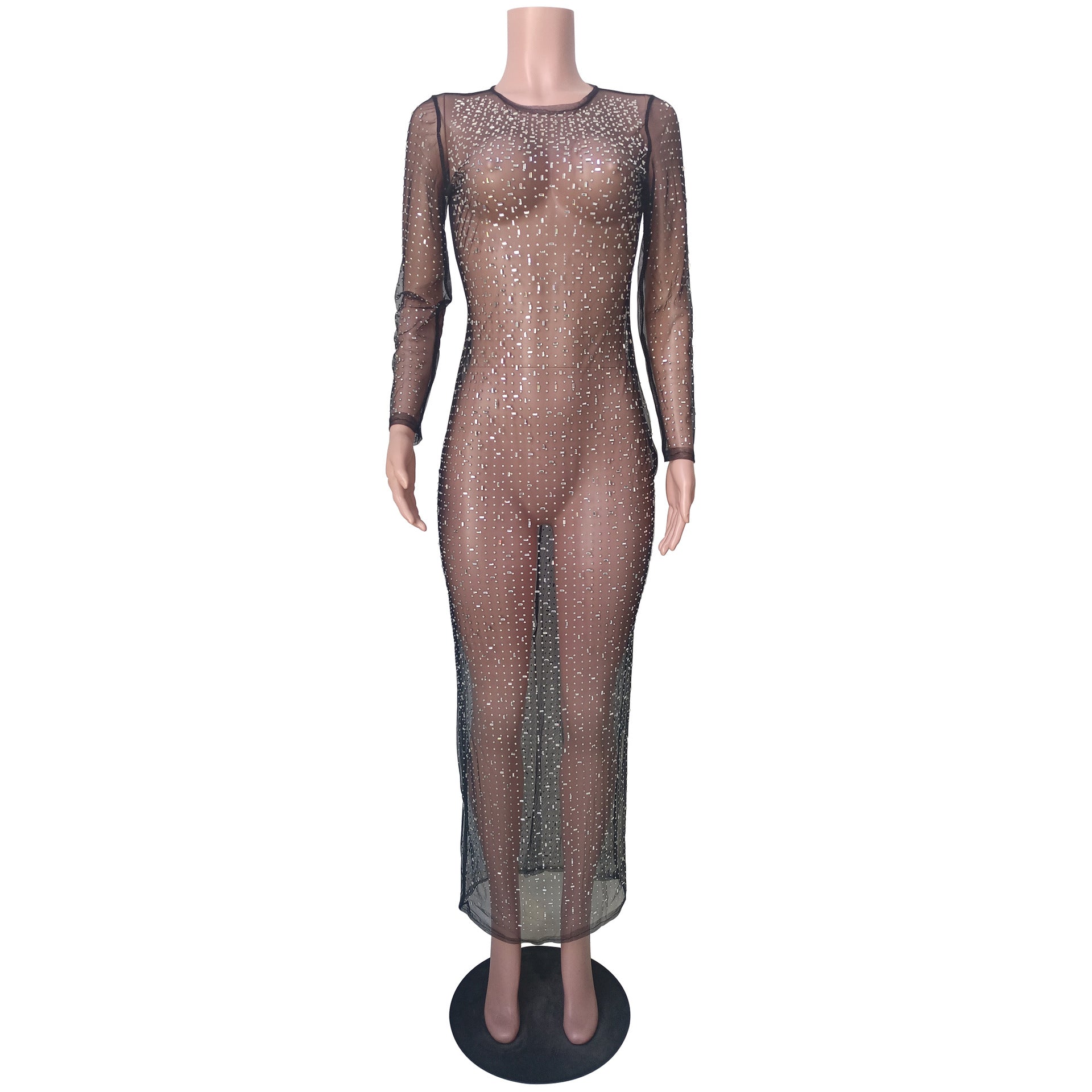 sexy rhinestone see through mesh long sleeve nightclub dress 9