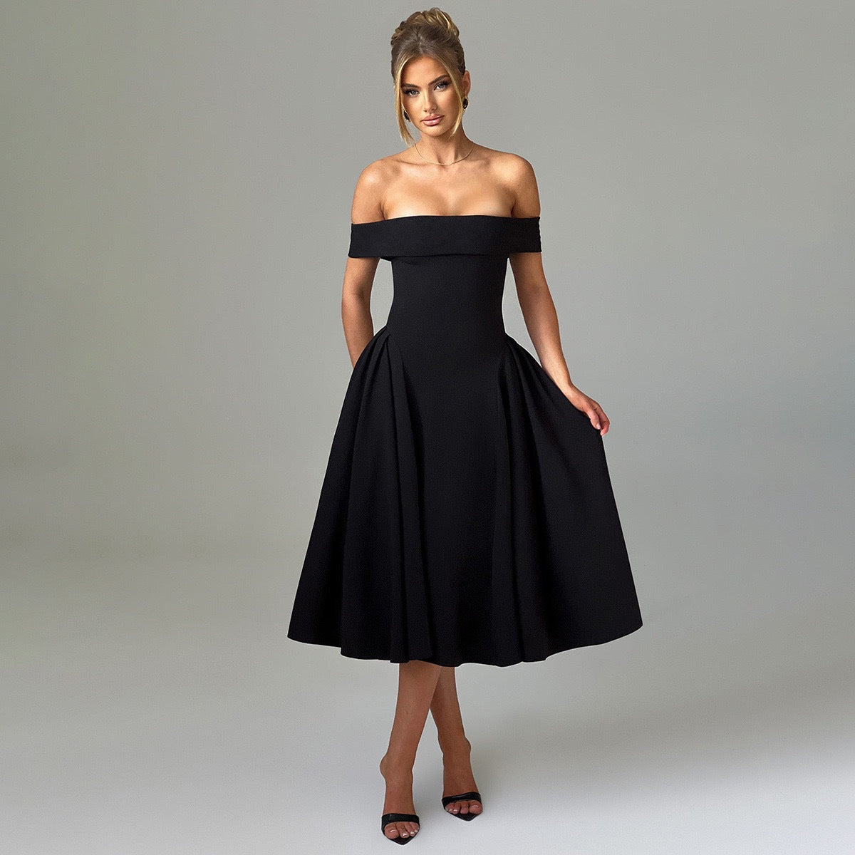 Women Elegant Solid Off Shoulder Formal Party Dress 3