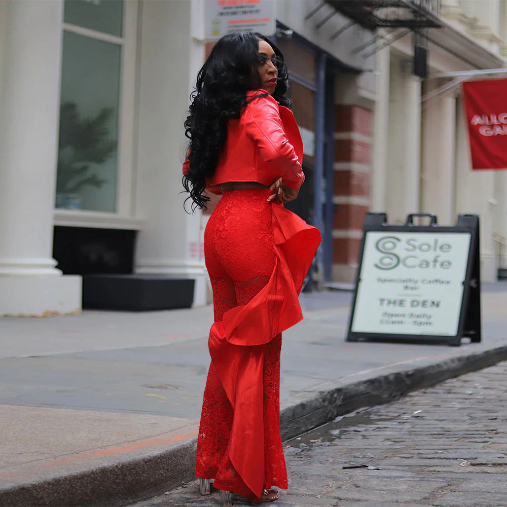 Fashion Women's Sexy high waist Ruffle See-Through Lace Pants 4