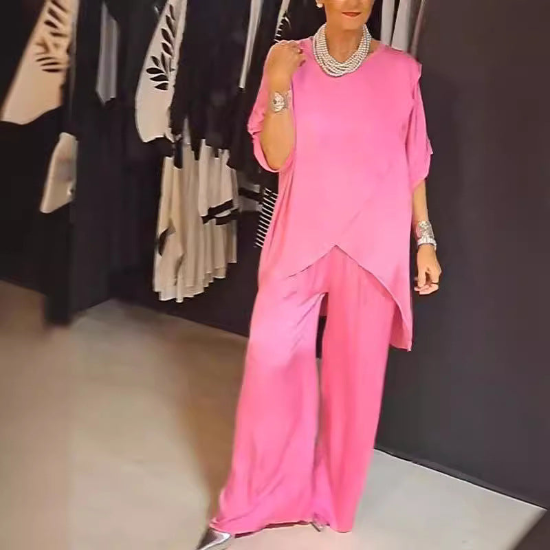 Women's Summer Solid Color Round Neck Casual Fashion Loose Irregular Two Piece Pants Set 8