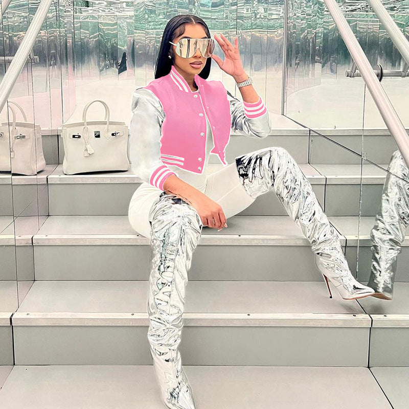 Women Summer Patchwork Pu Leather Long Sleeve Button Down Letter Embroidered Jacket 6