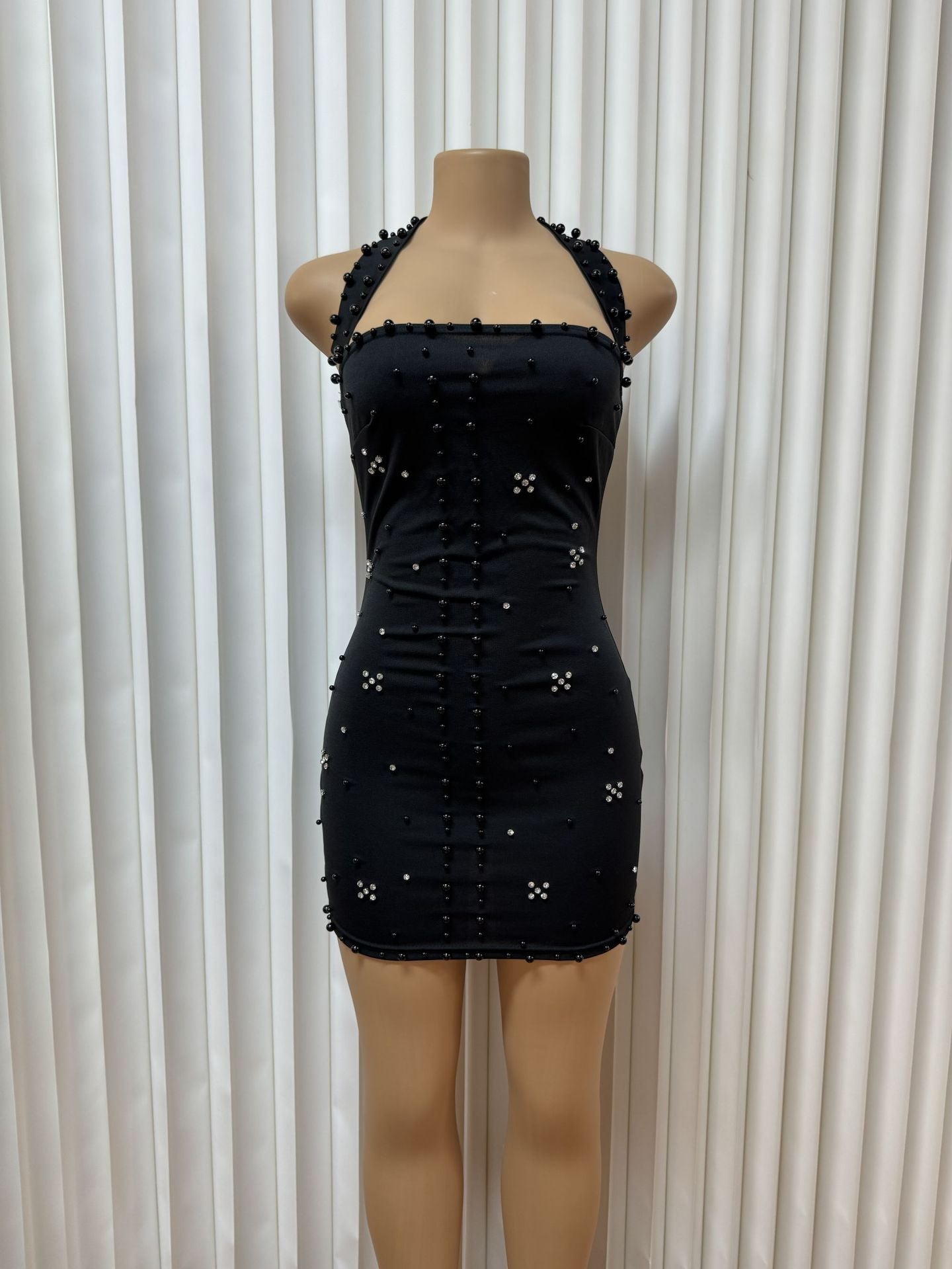 Chic Halter Neck Beaded High Slit Bodycon Dress