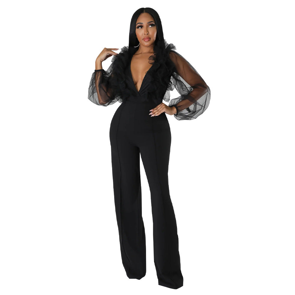 Women Mesh Balloon Sleeve V-Neck Backless Jumpsuit 9