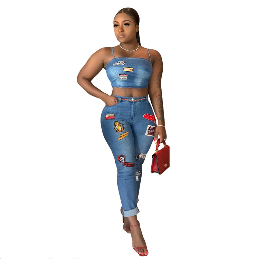 Women Sexy Cartoon Denim Top and Pant Set 6