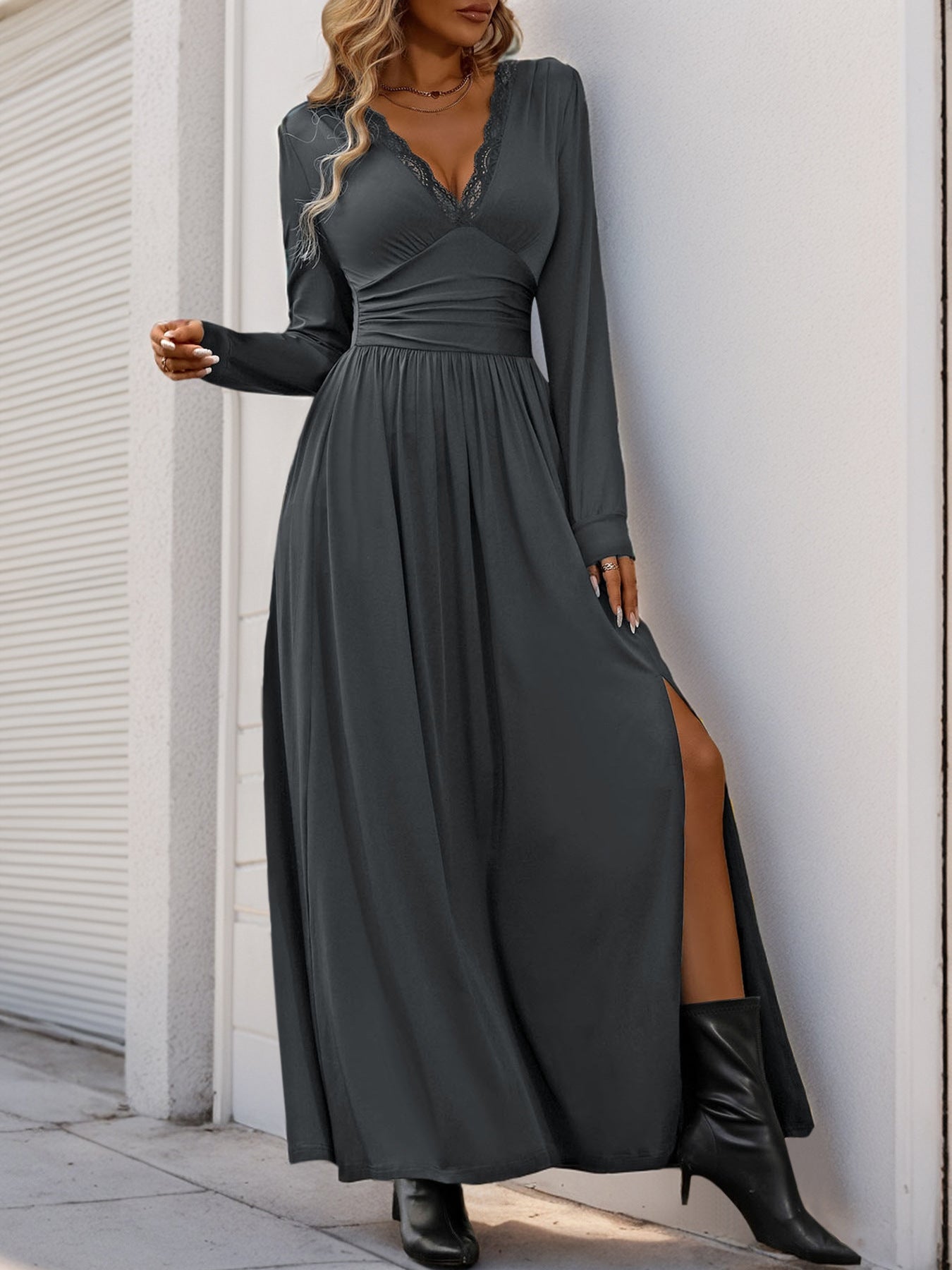 Women autumn solid slit dress 7