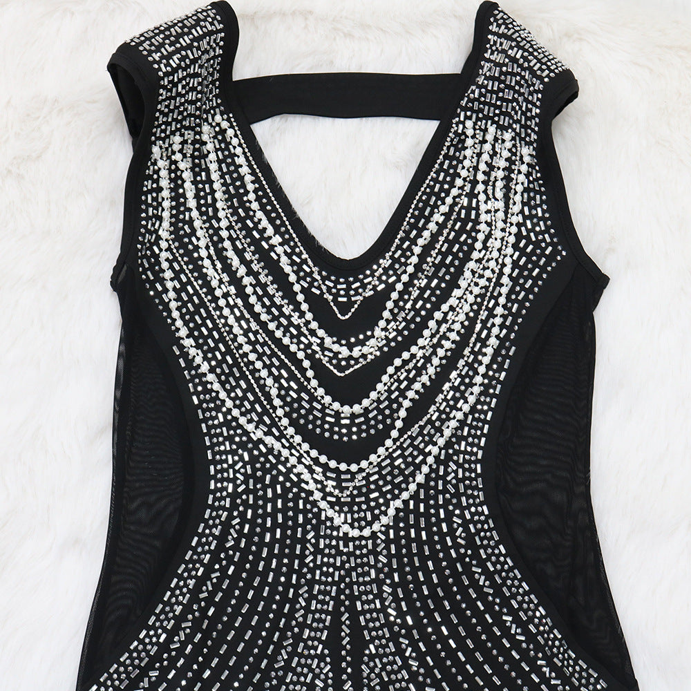 Women V-neck Sleeveless Bodycon Beaded Dress 10