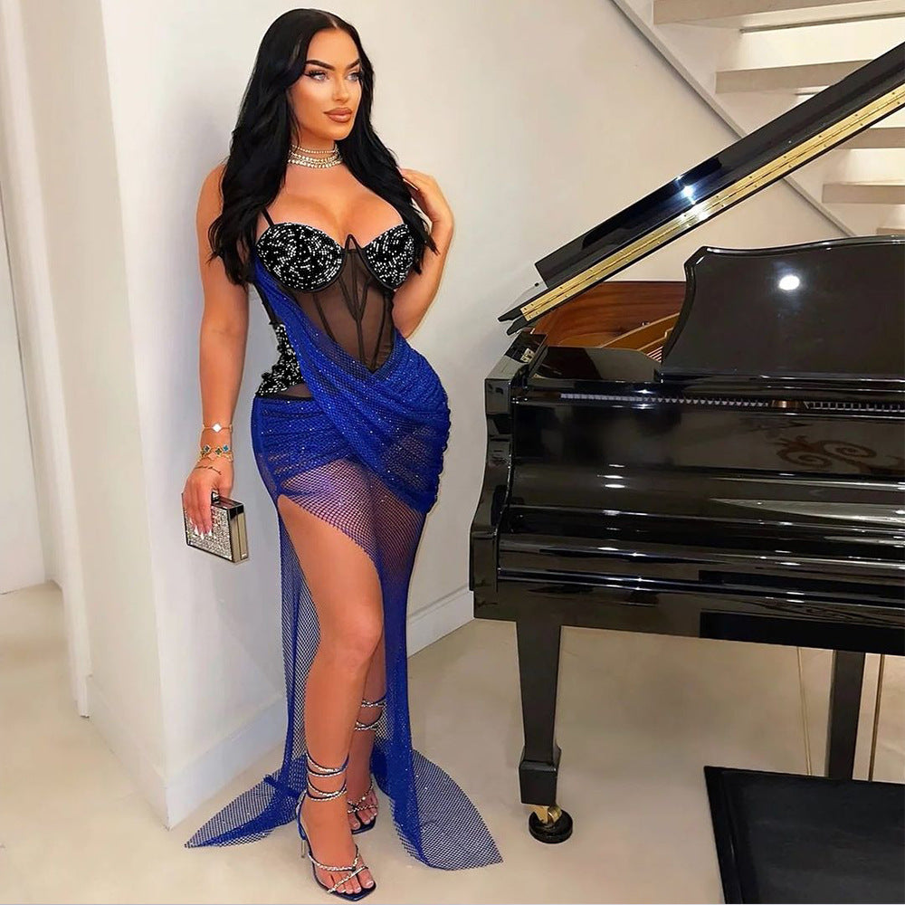 Strap Solid Color Beaded Mesh Irregular See-Through Women's Sexy Bodycon Dress 4