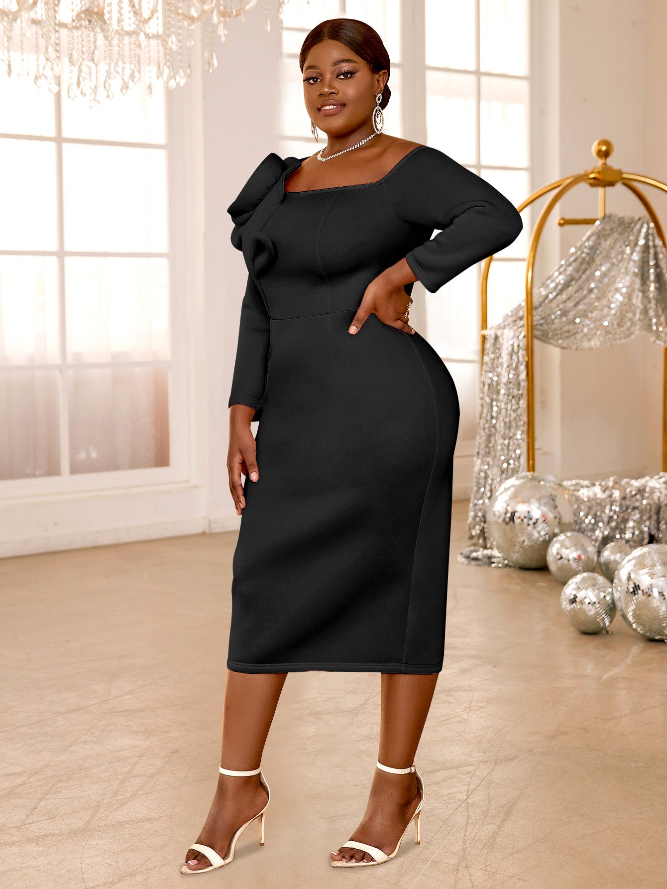 Solid Color Bell-Sleeve Back Slit Elegant Evening Gown 16