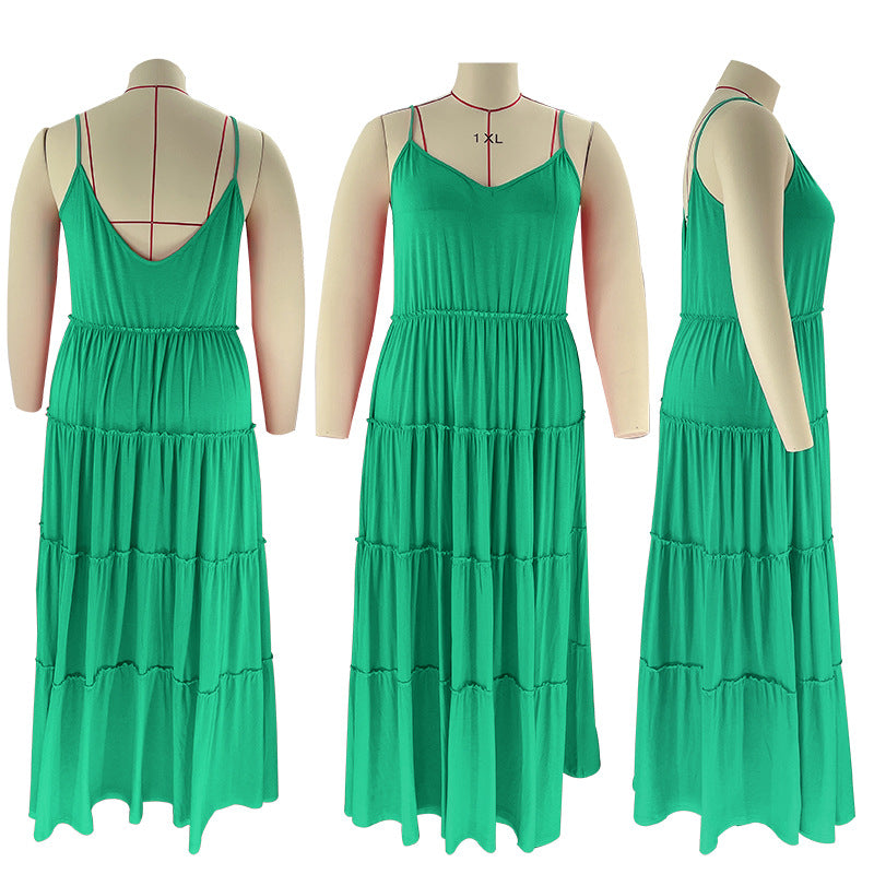 Summer Plus Size Women's Solid Color Sexy Camisole Pleated Patchwork Fashion Casual Dress 34