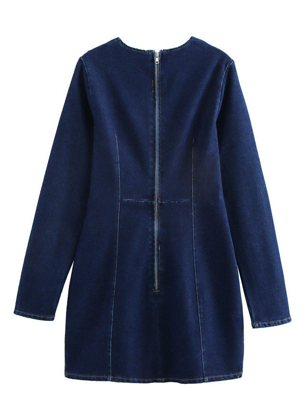 Women Solid Round Neck Long Sleeve Bodycon Denim Dress 5