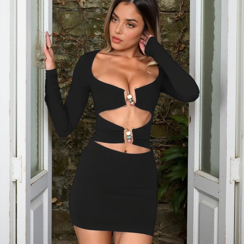 Women Long-Sleeved Cutout Fall Sexy Solid Bodycon Dress 5