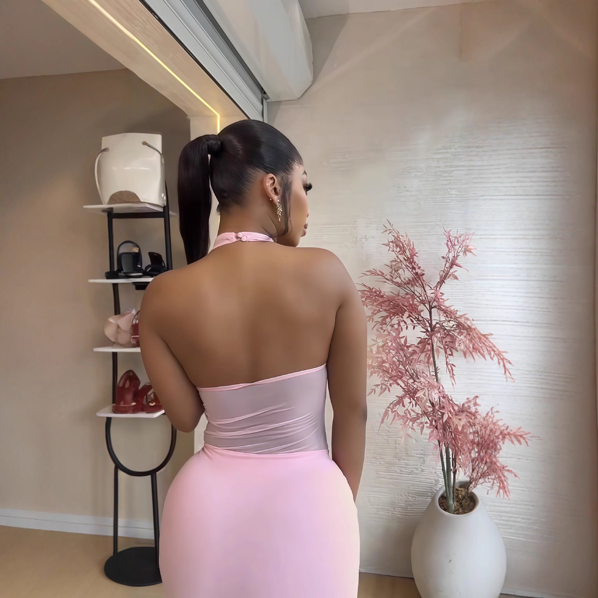 Women Fall Solid Sleeveless Halter Neck Sexy See-Through Mesh Patchwork Bodycon Dress 3