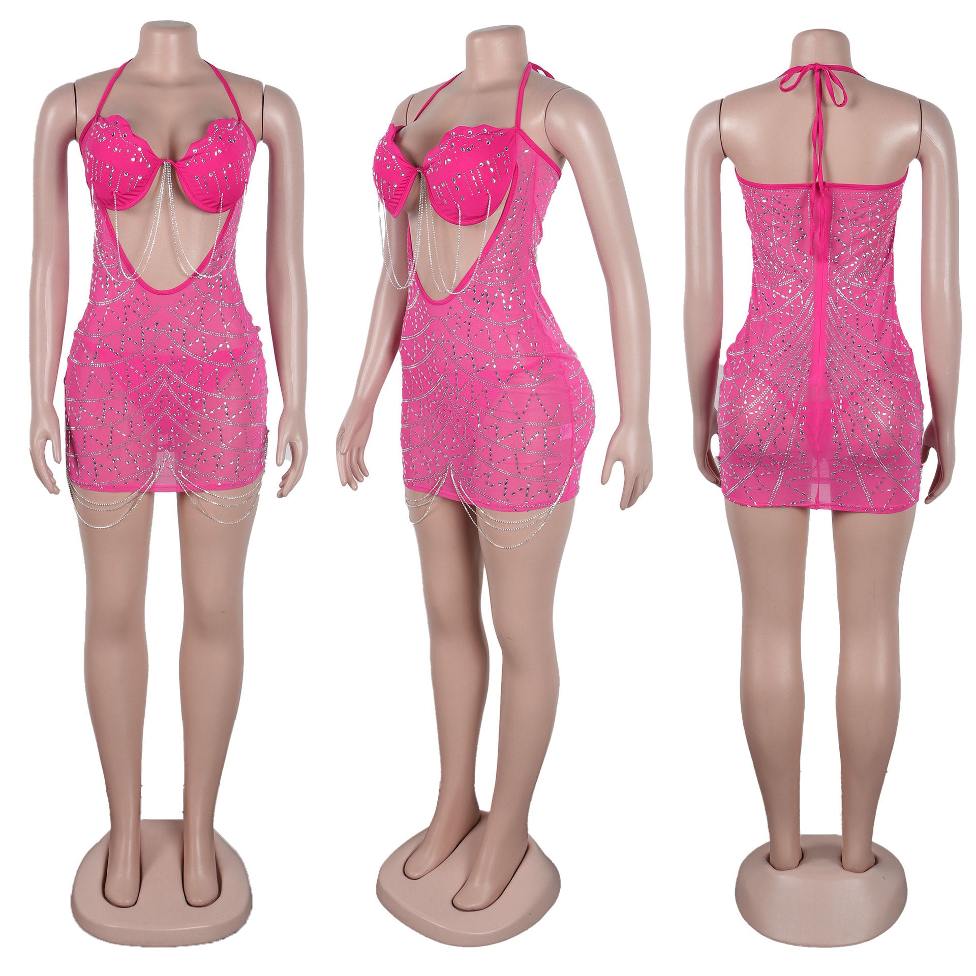 Women Sexy Beaded Tassel See-Through Bodycon Dress 11