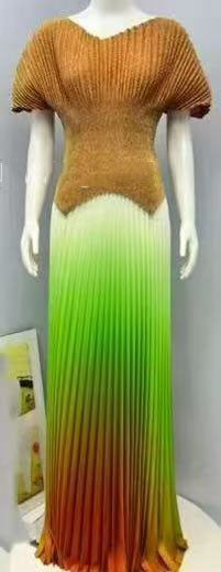 Pleated solid color v-neck top gradient pleated long skirt two-piece set for women 9