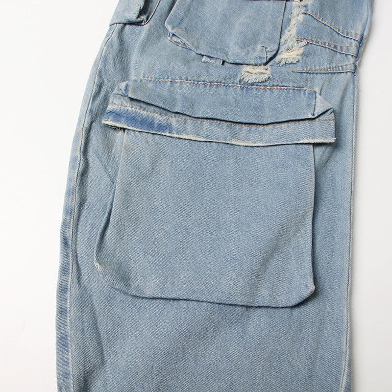 Women Street Style Strapless Pockets Denim Cargo Jumpsuit 13