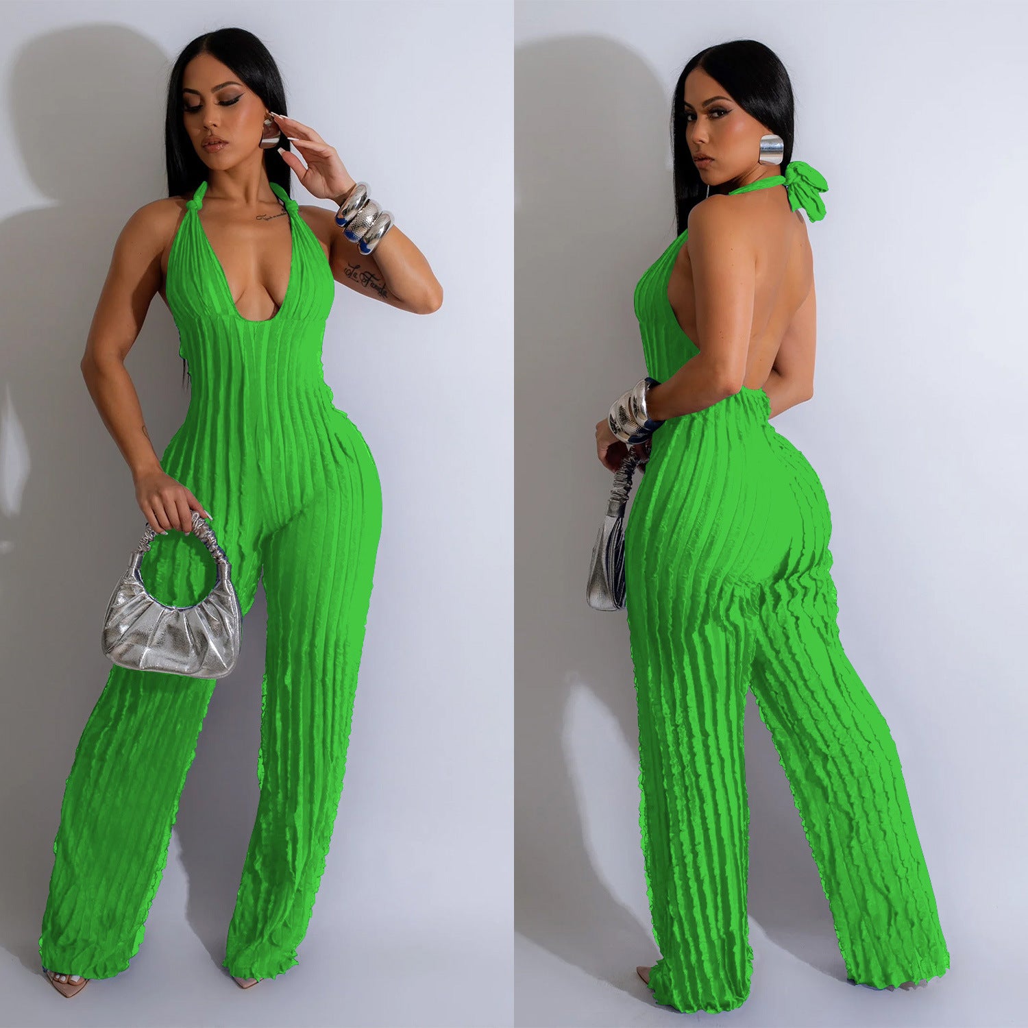 Fashion Women's Solid Color Low Back Deep V Halter Neck Jumpsuit 9