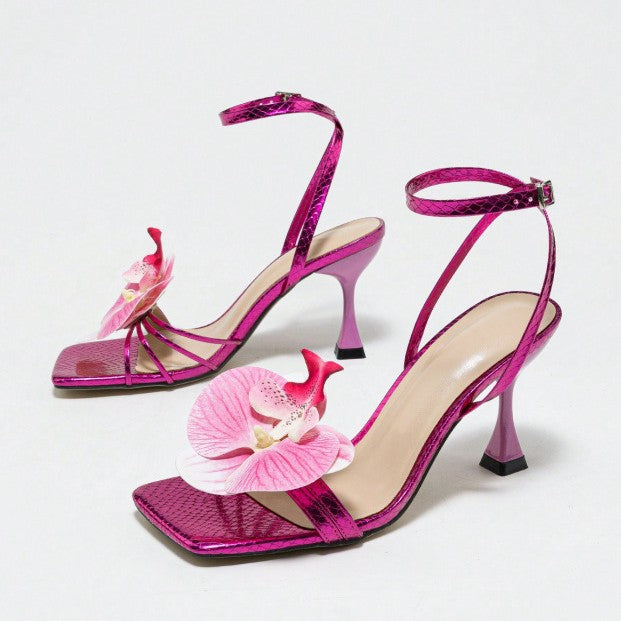 Women Square Toe Flower Cross High Heels 6
