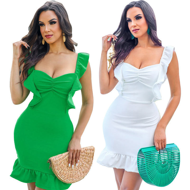 Women Summer Straps Ruffles Bodycon Dress