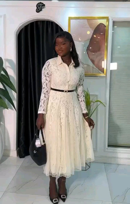 Elegant Women's Lace Patchwork Mesh Irregular Midi Dress