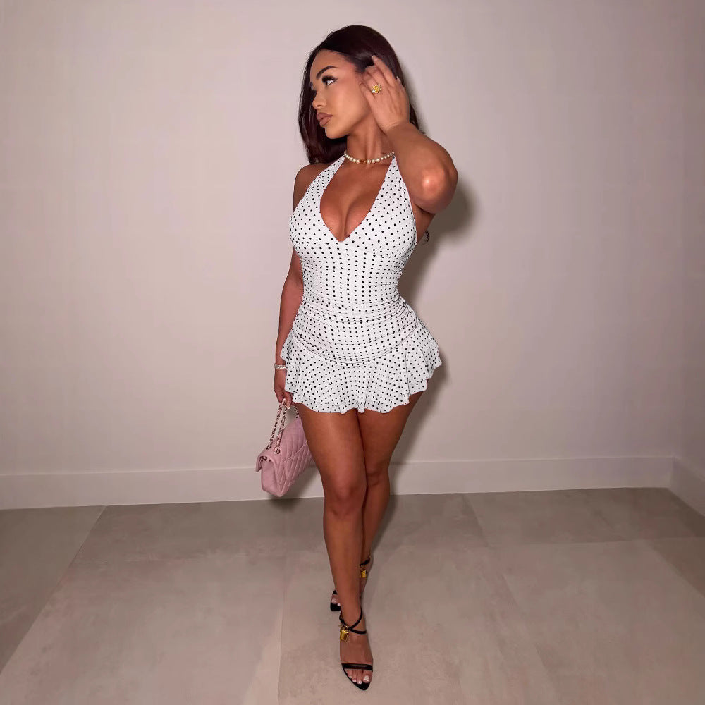 Women's Sexy V-neck Halter Neck Pleated Polka Dot Printed Sleeveless Slim Waist A-line Short Dress 4