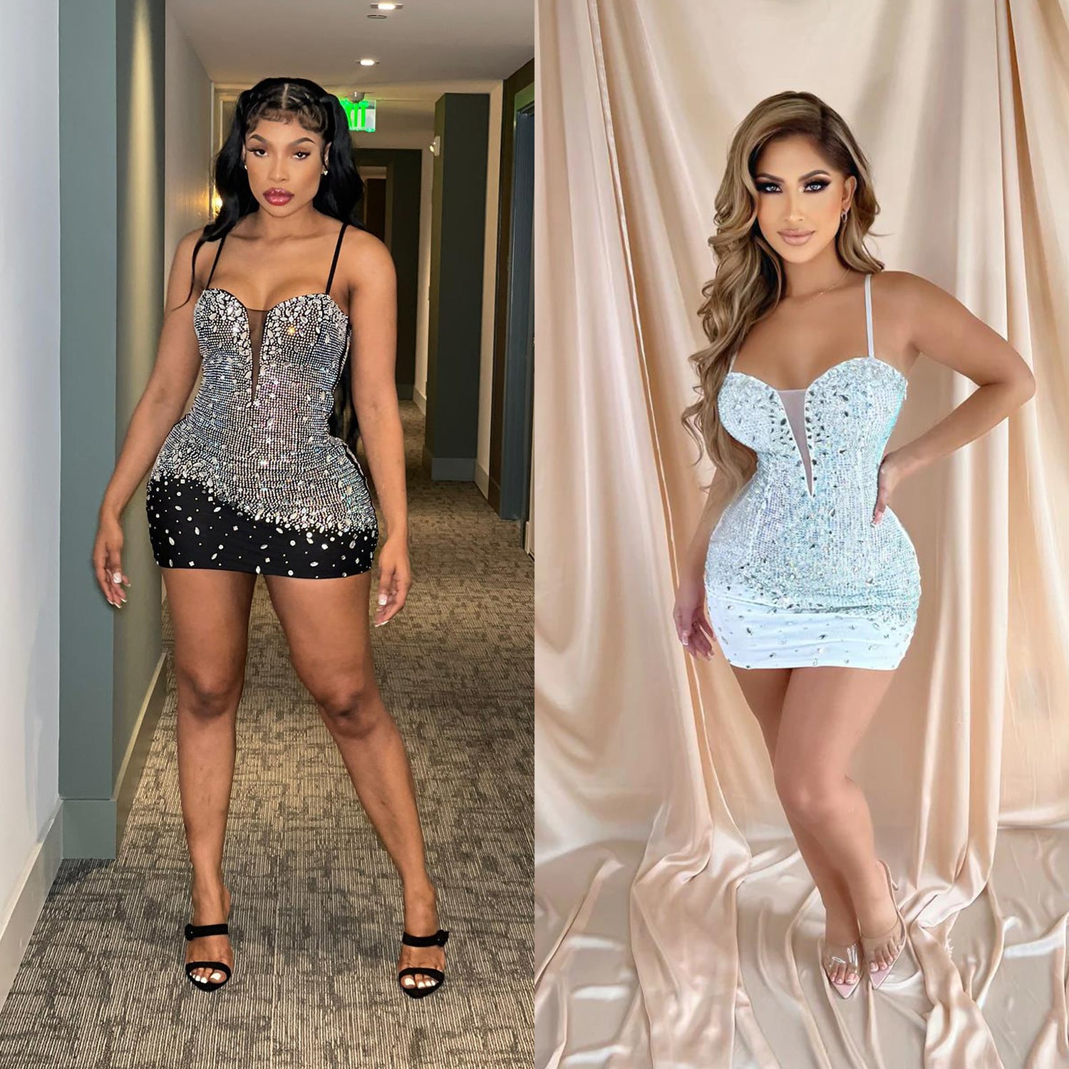 Summer Women'S Fashion Sexy Straps Rhinestone Beaded Nightclub Dress