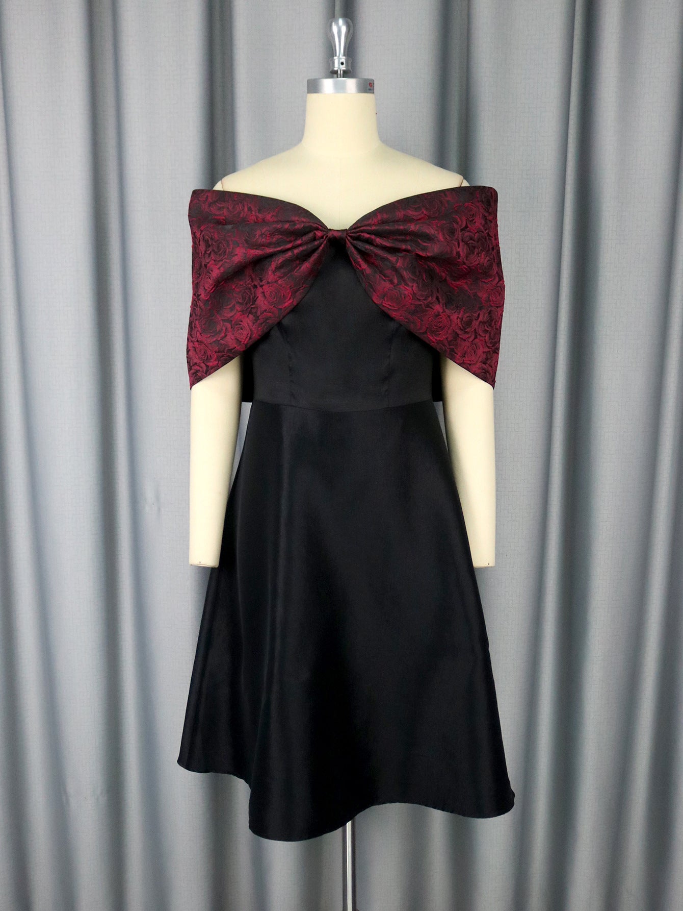 African Elegant Bow Off-Shoulder Rose Jacquard Patchwork Black Formal Party Dress 6