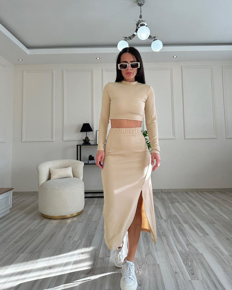 Spring And Autumn Solid Color Ribbed Round Neck Long-Sleeved Women's Two-Piece Fashionable Slit Maxi Skirt Set 6
