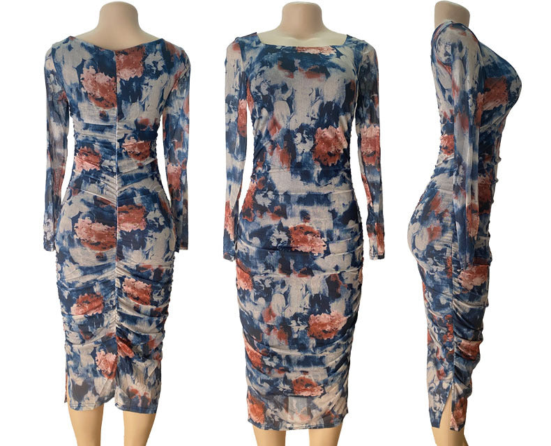 Women Mesh Print Retro Pleated Slit Bodycon Maxi Dress 6