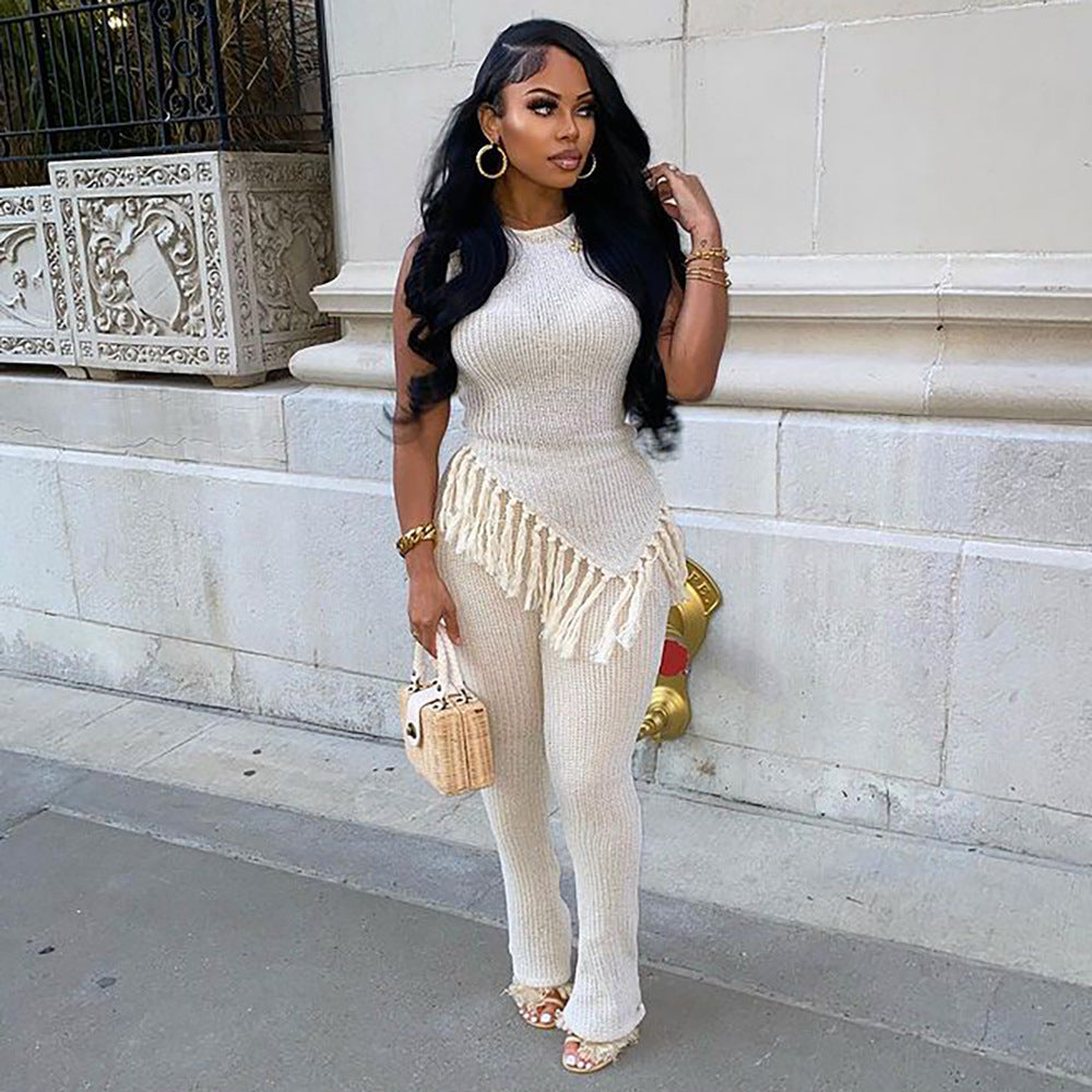 Women's Casual Set Irregular Fringe Sleeveless Tank Top High Waist Pants Set 4