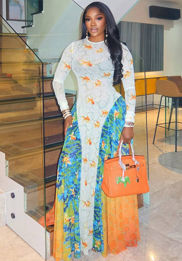 Print Long-Sleeve A-Line Long Dress