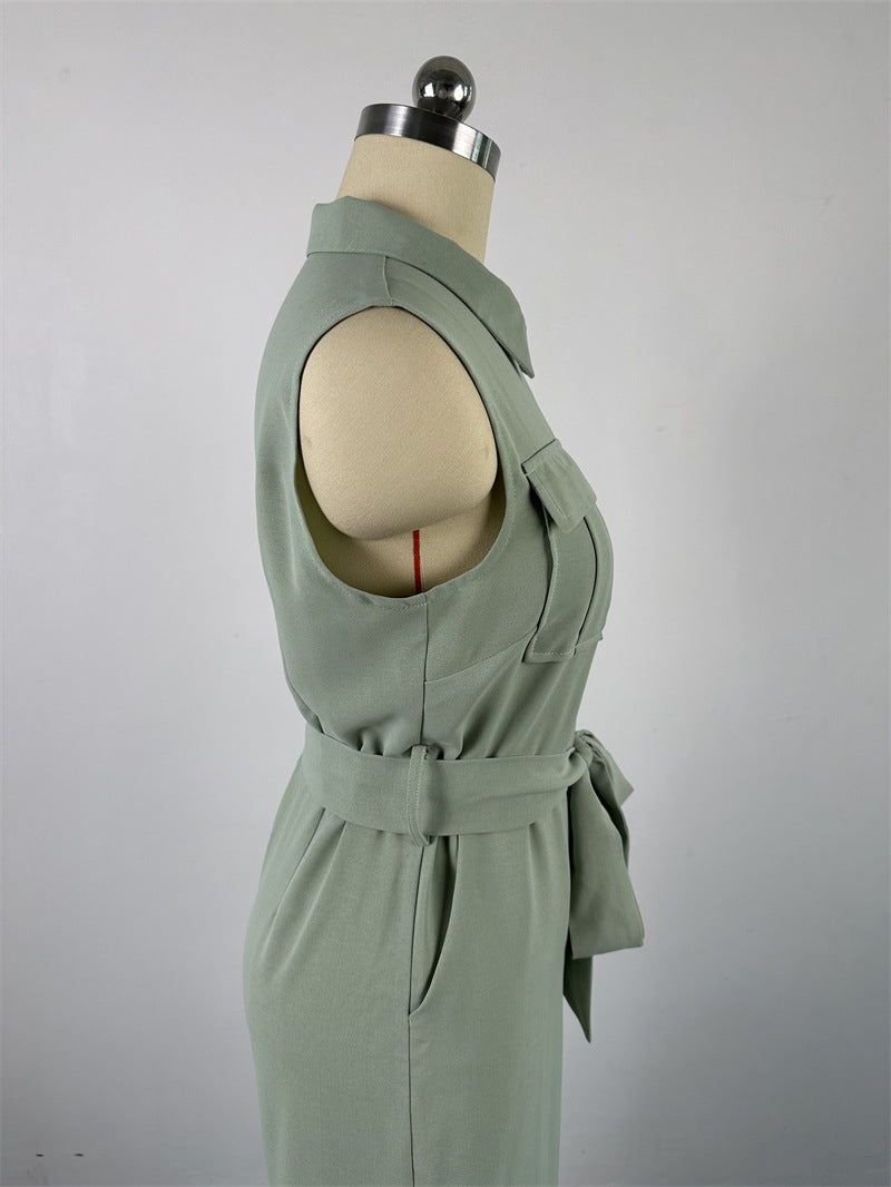 Women's Winter And Spring Turndown Collar Pocket Slim Waist Loose Wide Leg Sleeveless Jumpsuit 13