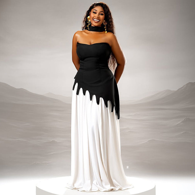 Women contrast color Patchwork Strapless asymmetric dress 3